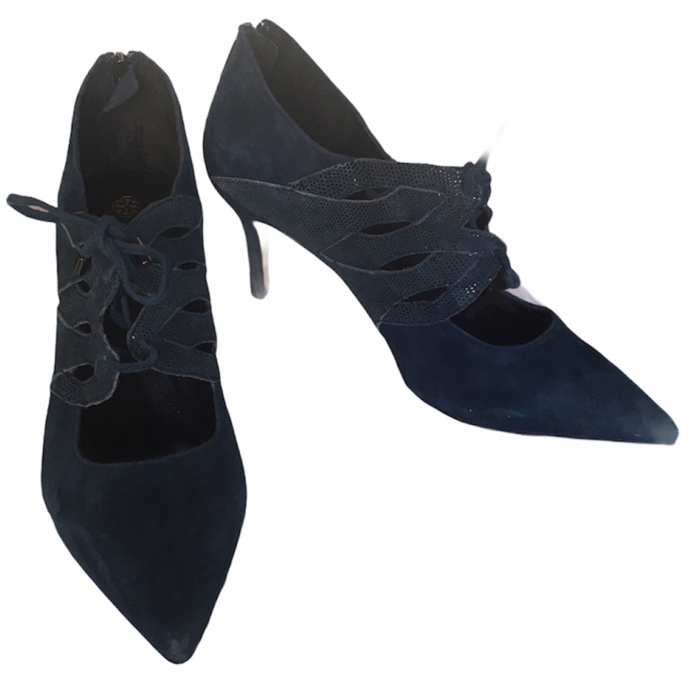 Isola Palazzo Blue Suede Snake Print Lace-up Pointed Toe Pump